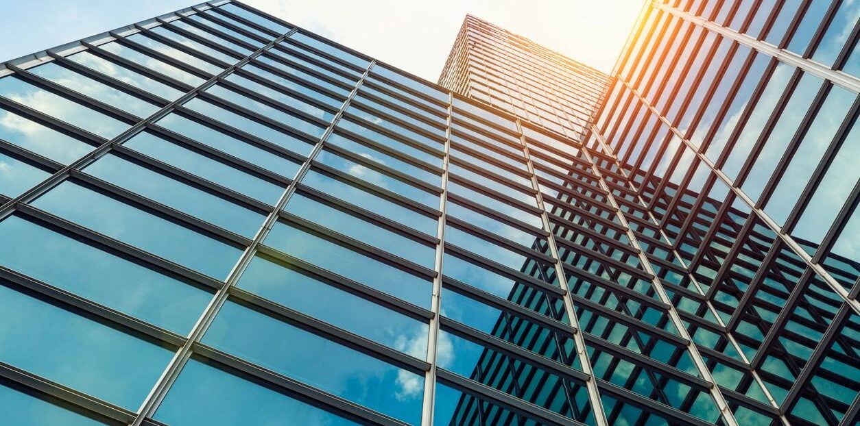 High Rise buildings with glass windows.